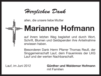 Traueranzeige von Marianne Hofmann von Pegnitz-Zeitung